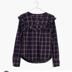 Navy Plaid Ruffle Blouse
